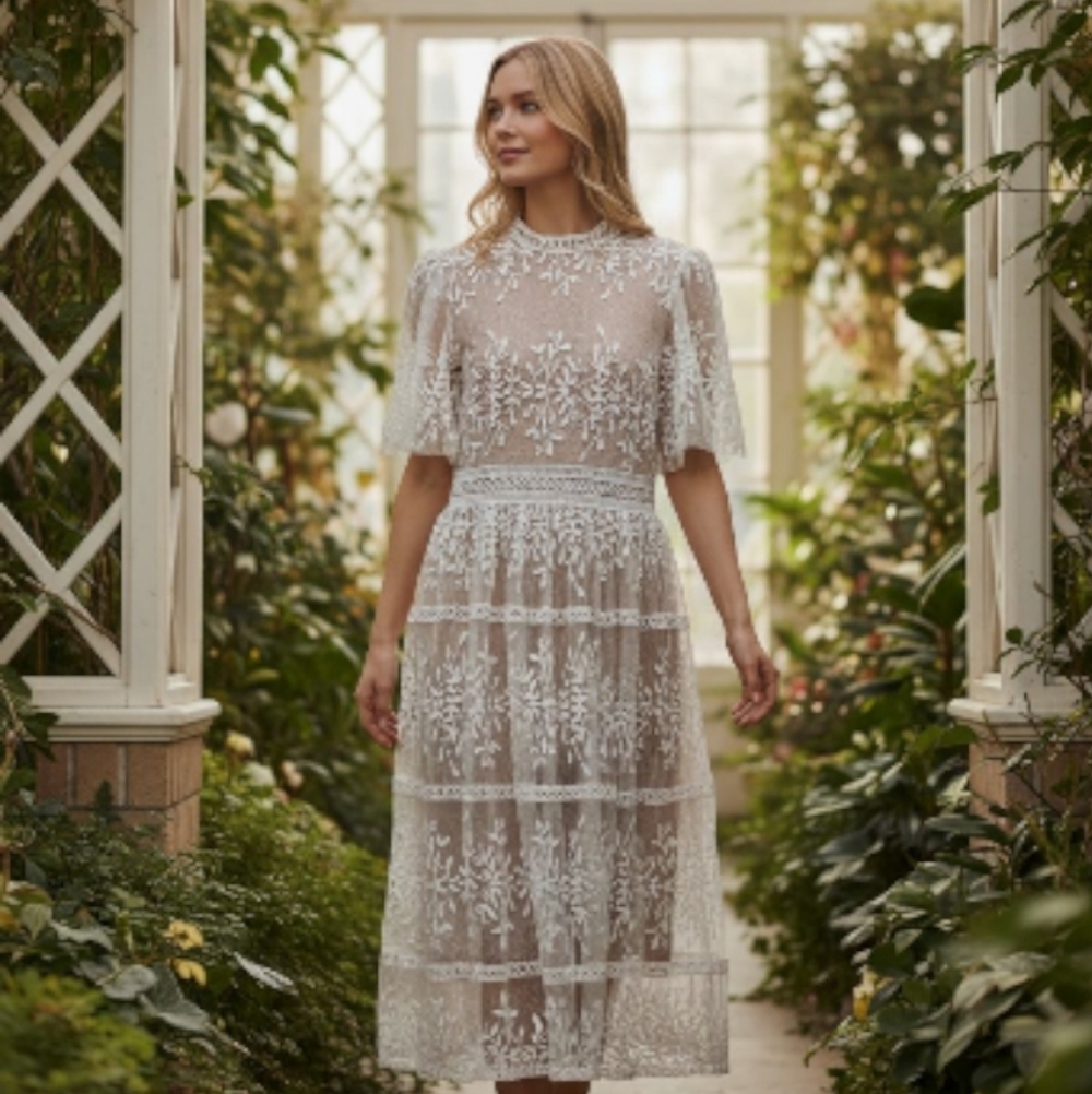 Ivy City Co Sicily Lace Midi Dress w/ SS30 Rhinestones & Faux Pearls